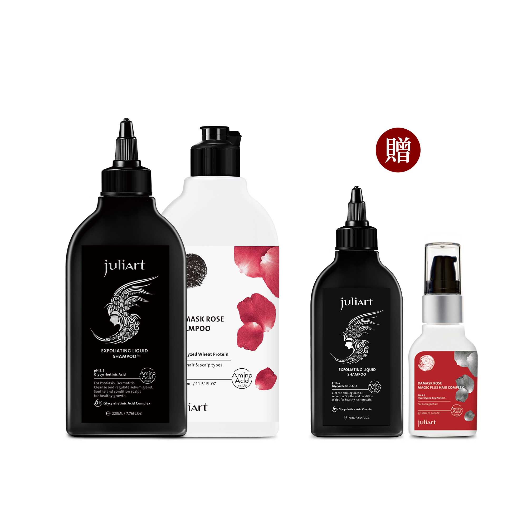 juliArt覺亞 甘草次酸角質淨化液(經典版)220mL+大馬士革玫瑰精萃洗髮精 330mL 贈 甘草次酸角質淨化液(經典版)75mL+大馬士革玫瑰精萃魔髮精靈30mL  ▶70C002
